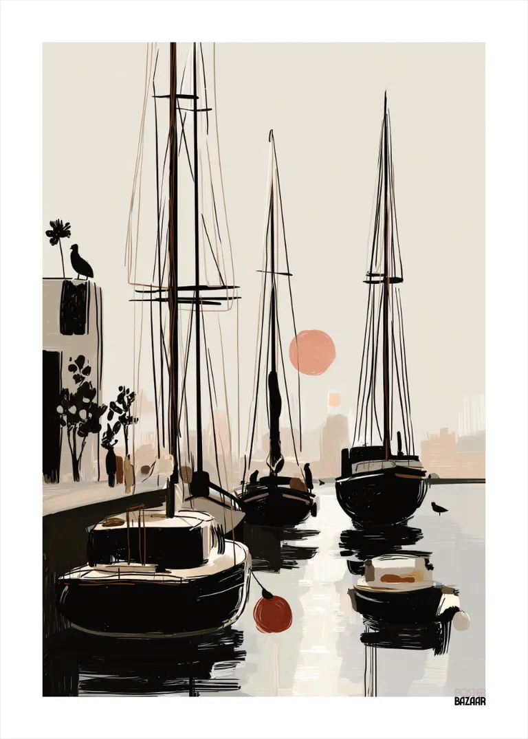 Harbor Still — spokojna marina z jachtami, różowe słońce, szkicowy styl