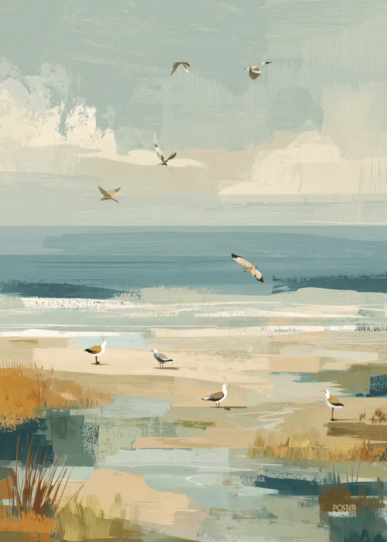 Coastal Birds — spokojna plaża z mewami w pastelowych kolorach
