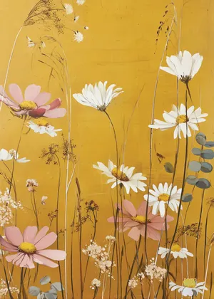 Plakat Sunlit Daisies - delikatne polne kwiaty w pastelowych barwach na słonecznym, żółtym tle