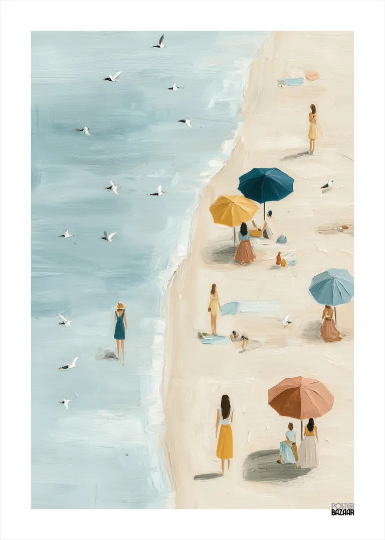 Beach Day — spokojna plaża z pastelowym morzem, jasnym piaskiem i parasolami