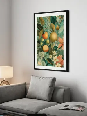 Plakat Tropical Fruits - soczyste owoce cytrusowe z tropikalnymi kwiatami i zielenią - obrazek 3