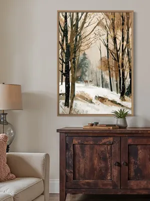 Plakat Winter Deer Walk - dwa jelenie w zimowym lesie, akwarela, spokojna atmosfera - obrazek 3