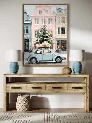 Plakat Pastel Delivery - pastelowy samochód z prezentami i świąteczna kamienica - obrazek 2