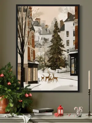 Plakat Reindeer Square - zimowa choinka z reniferami i złotymi światełkami - obrazek 3