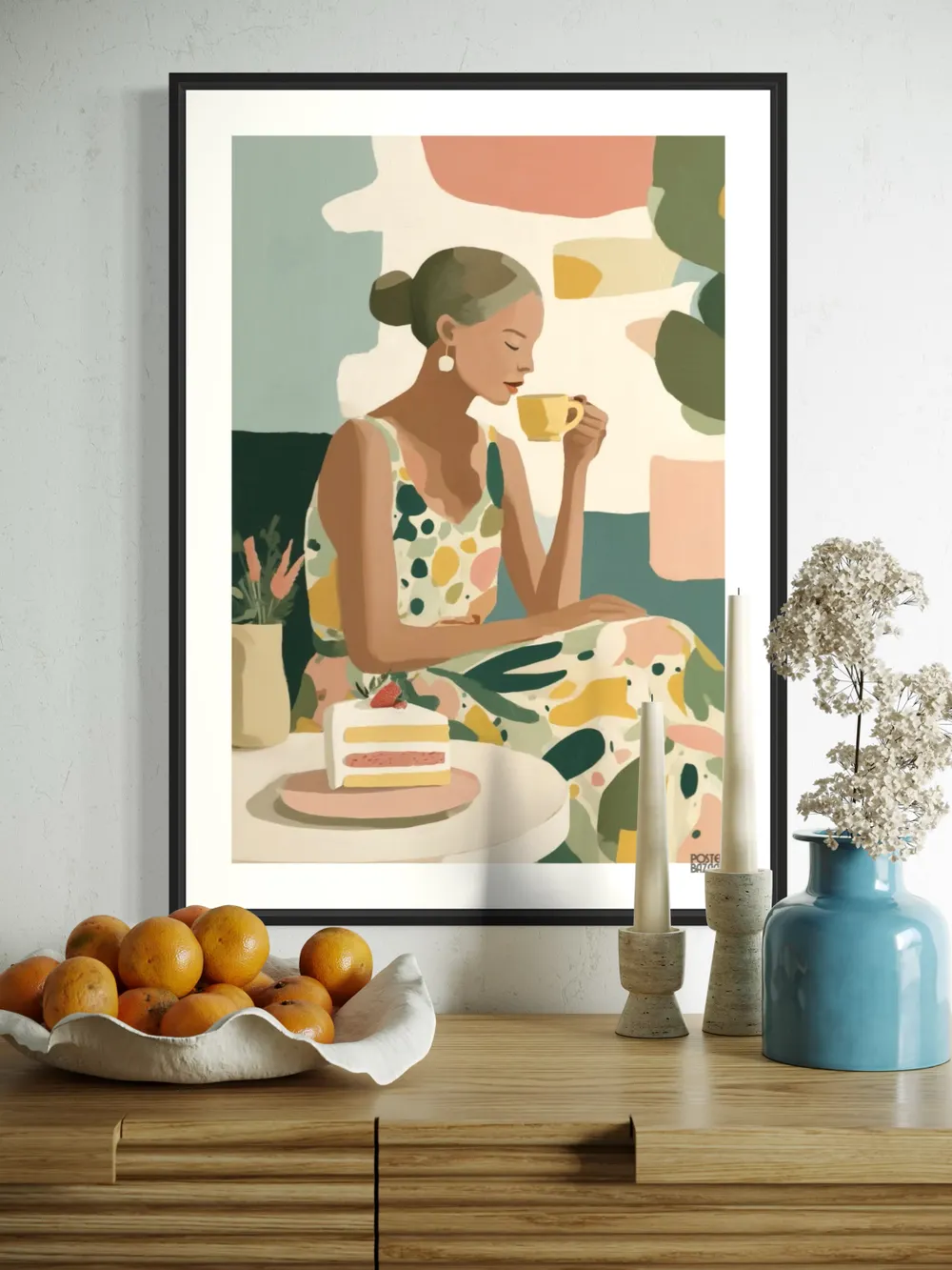 Plakat Tea Time - kobieta w kolorowej sukience delektująca się herbatą i ciastem - obrazek 2
