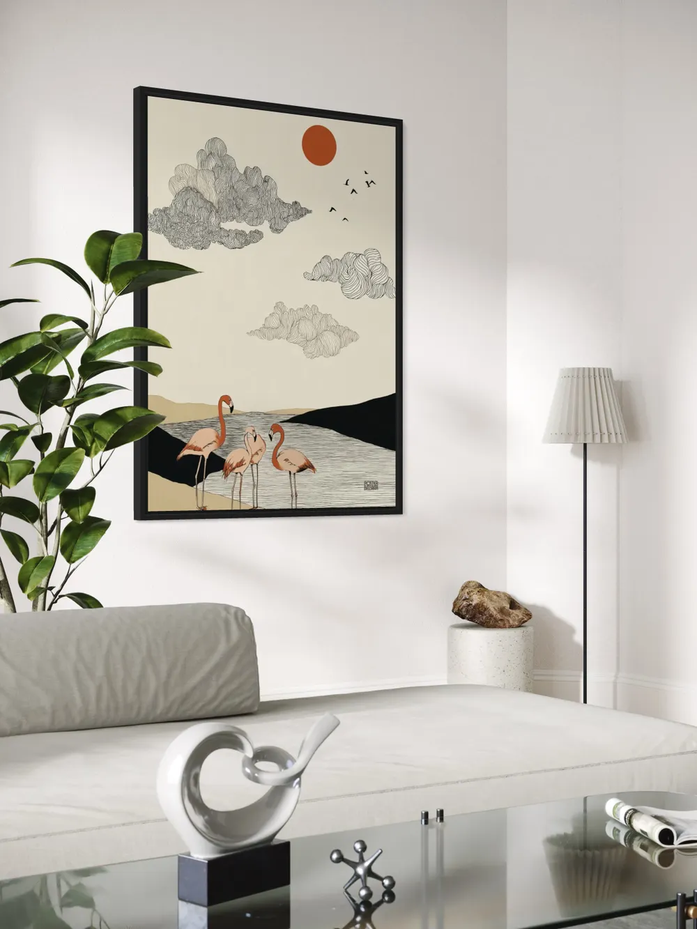 Plakat Crimson Mirage - trzy flamingi nad wodą, ptaki, abstrakcyjne chmury i czerwone słońce - obrazek 2