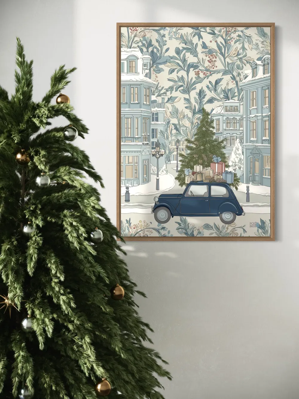 Plakat Frosty Delivery - klasyczny samochód z choinką na zimowej ulicy - obrazek 3
