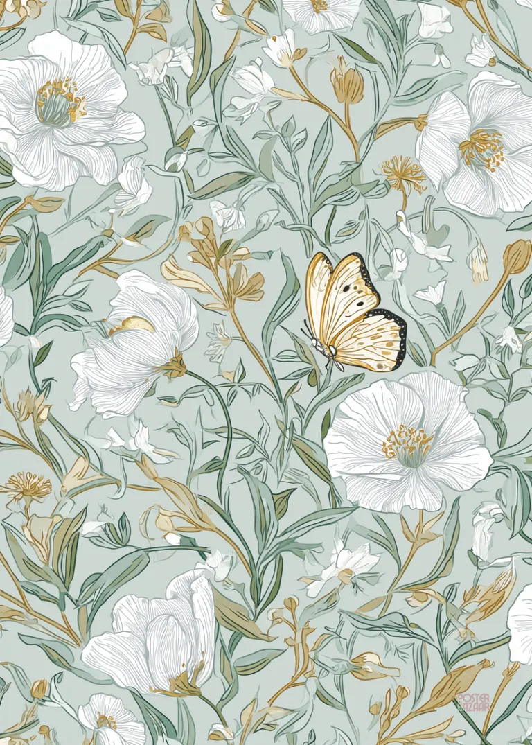Mint Petals — delikatne biale kwiaty zielone liscie motyl