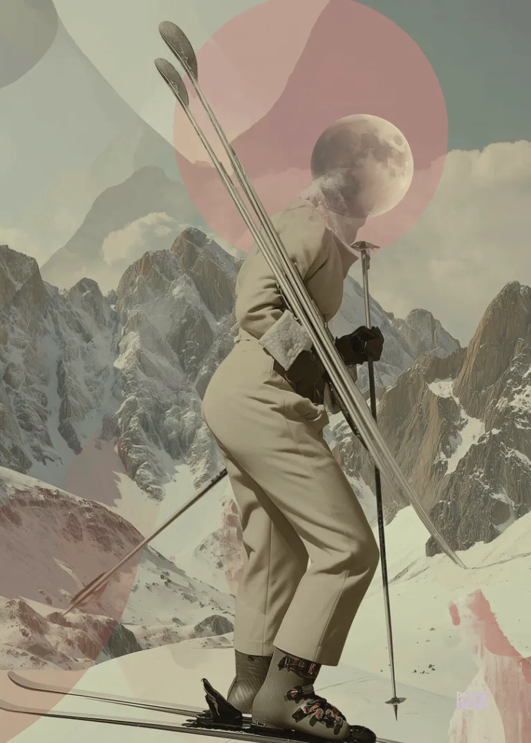 Lunar Skier — surrealistyczna narciarka z księżycem i ośnieżonymi górami