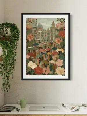 Plakat Floral Cityscape - tłum z parasolami i pastelowe kwiaty w mieście - obrazek 3