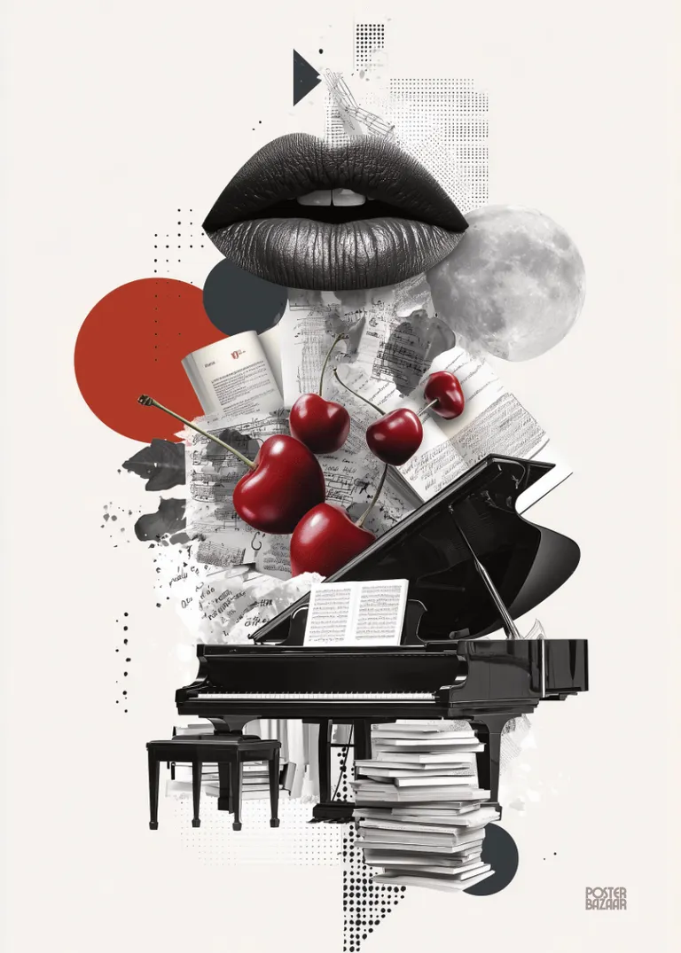 Cherry Lips — czarny fortepian, nuty, wiśnie, usta i księżyc w kolażu