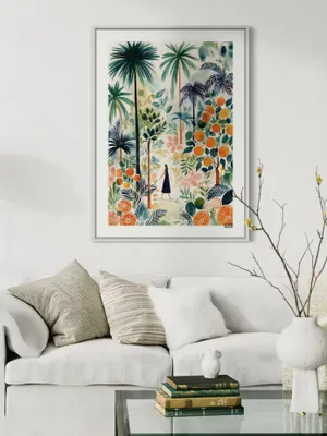 Plakat Tropical Walk - kobieta spacerująca wśród palm i drzew pomarańczowych - obrazek 3