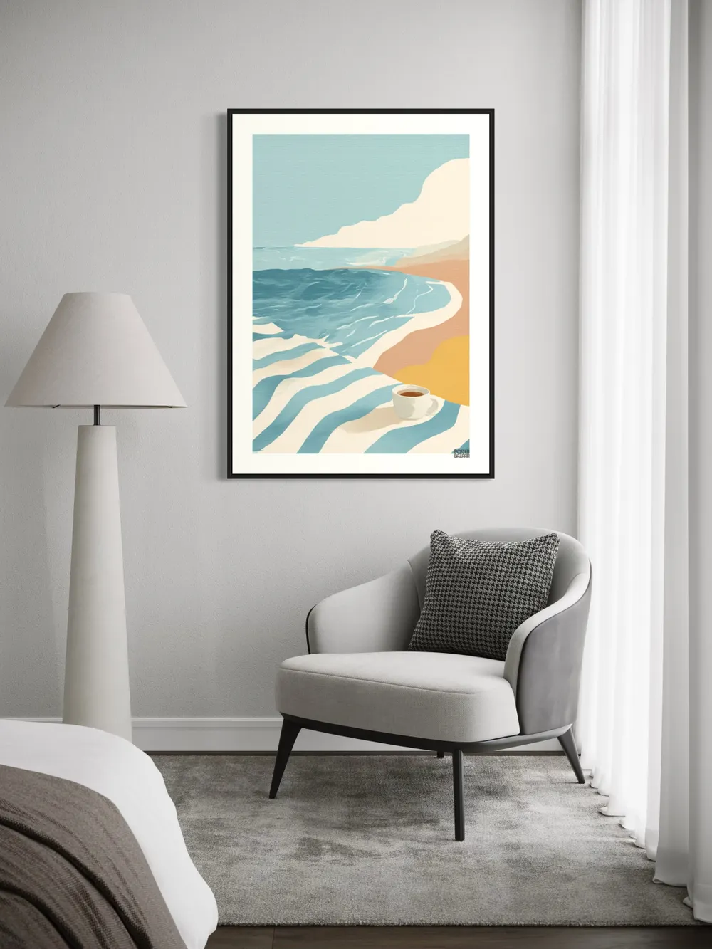 Plakat Coffee Beach - filiżanka kawy na plażowym ręczniku - obrazek 3