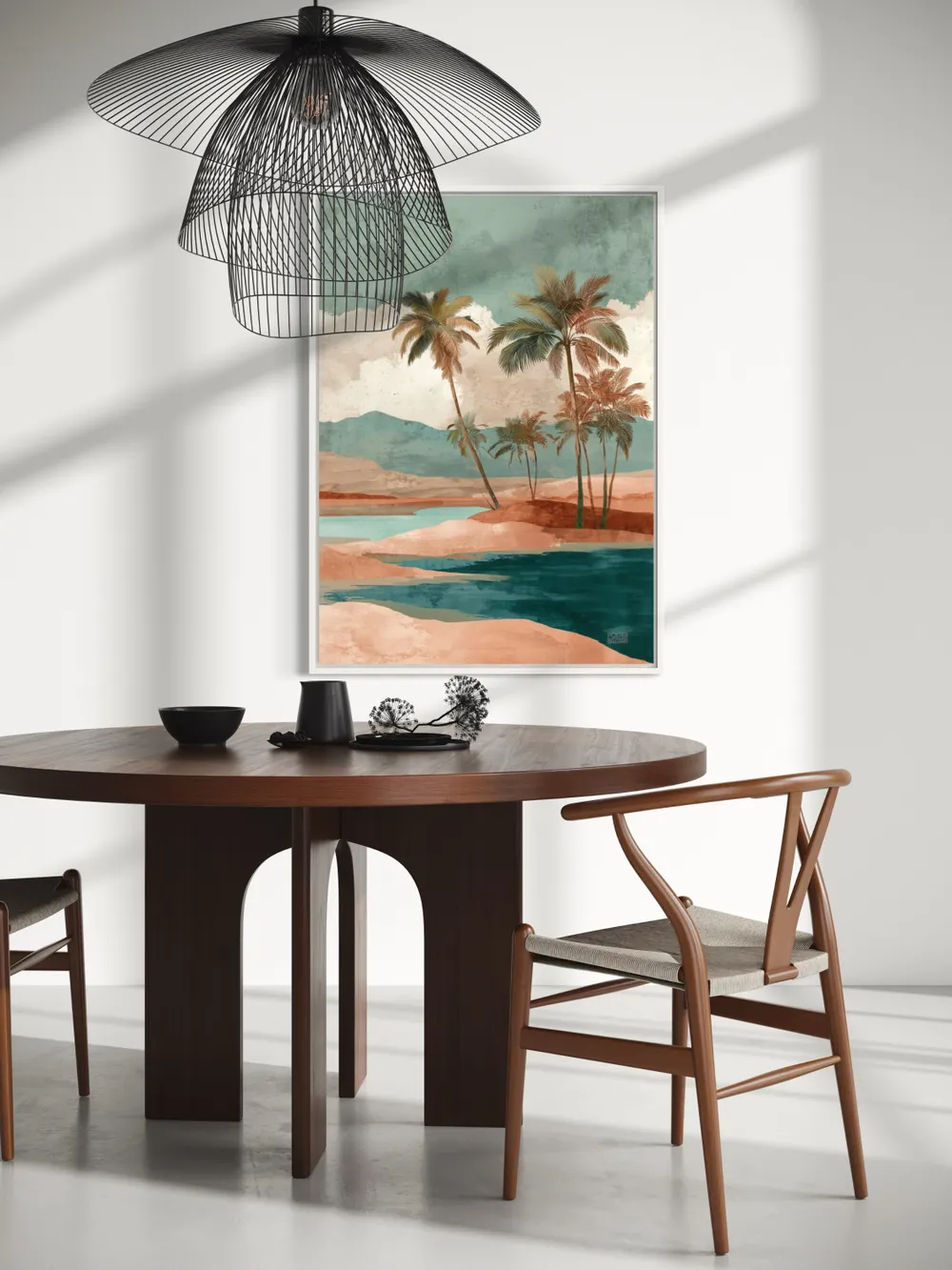 Plakat Palm Escape - plakat z palmami nad spokojna woda w pastelowych kolorach - obrazek 2