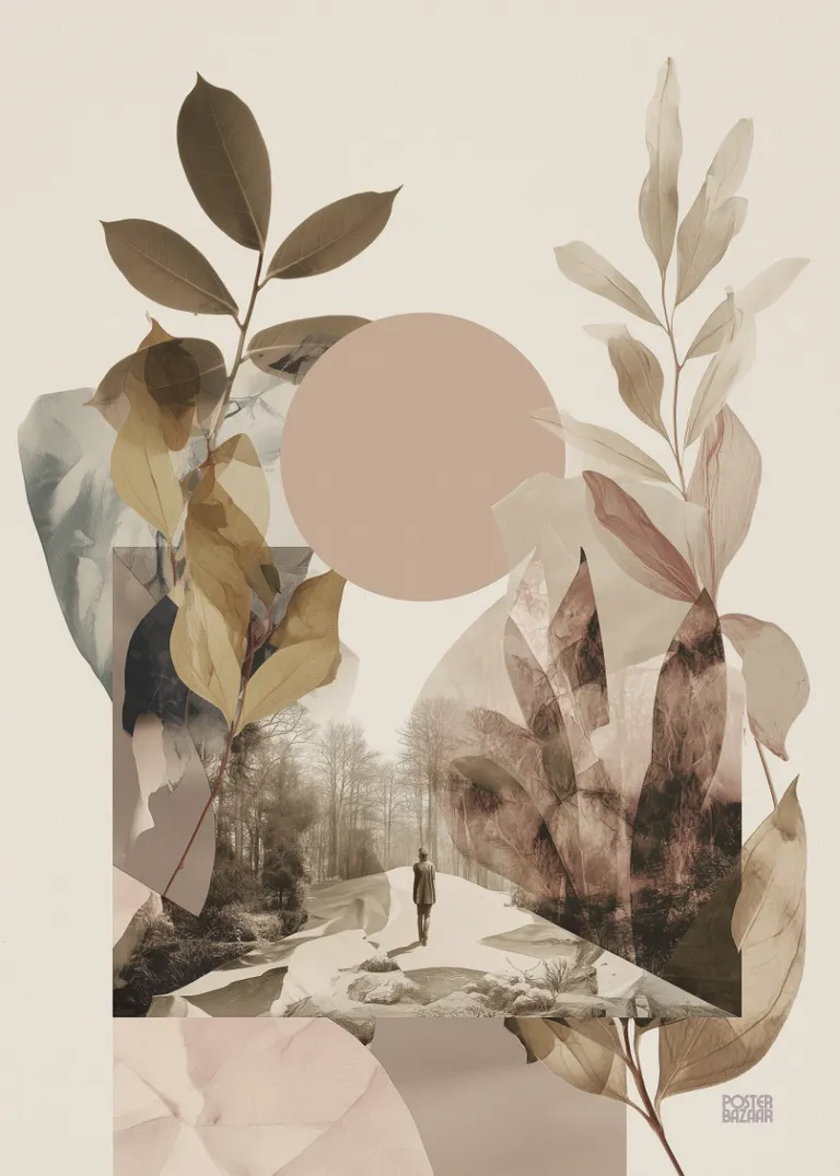Muted Pathways — stonowana leśna ścieżka z pastelowymi liśćmi i kołem