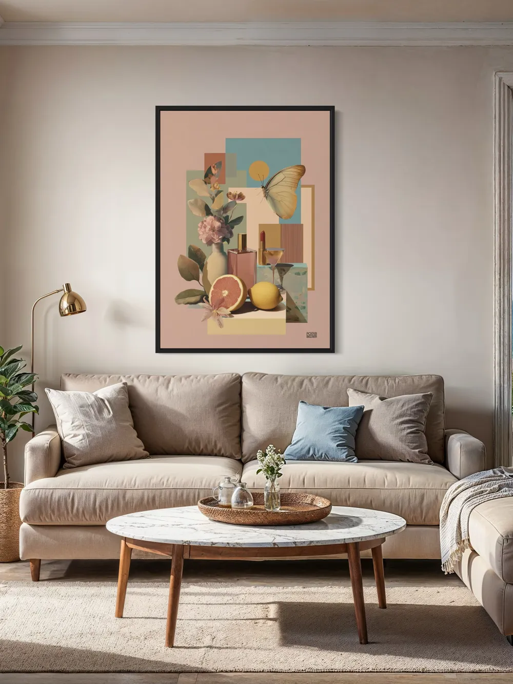 Plakat Butterfly Stilllife - pastelowa martwa natura z kwiatami, owocami i motylem - obrazek 2