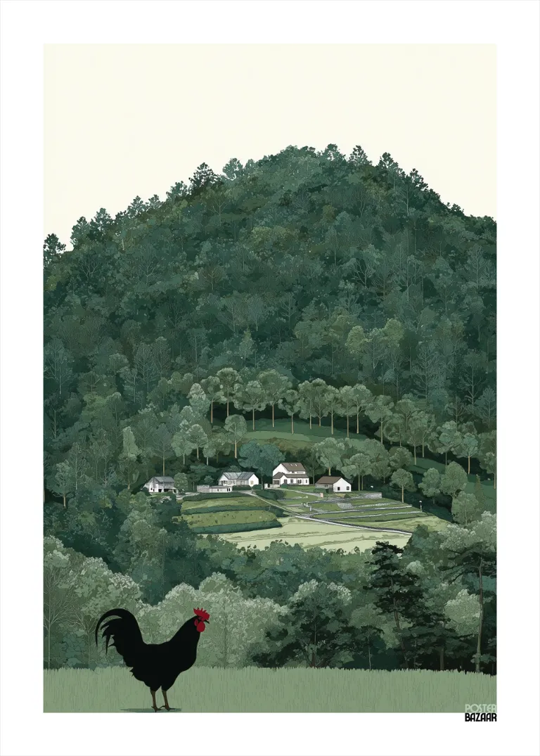 Rooster Valley — czarny kogut na tle zielonej doliny z domkami