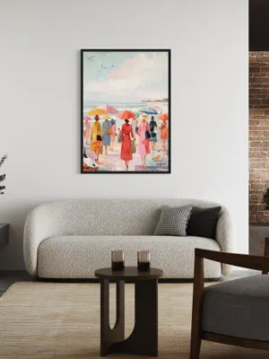 Plakat Retro Beach - kolorowa scena plaży w stylu retro z kobietami i parasolkami - obrazek 2