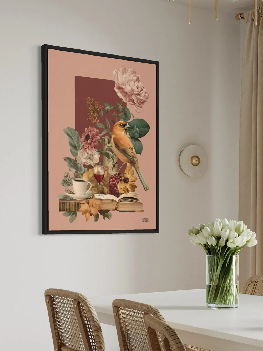 Plakat Bird Garden - kolorowy ptak w ogrodzie z filiżanką kawy i winem - obrazek 3