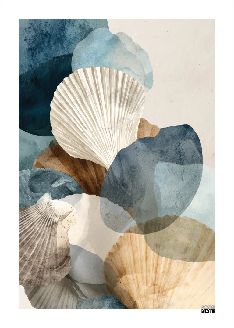 Seashell Harmony — delikatne muszle w akwarelowych plamach w odcieniach niebieskiego