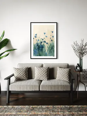 Plakat Blue Meadow - delikatne niebieskie kwiaty na zielonej łące w akwarelowym stylu - obrazek 2