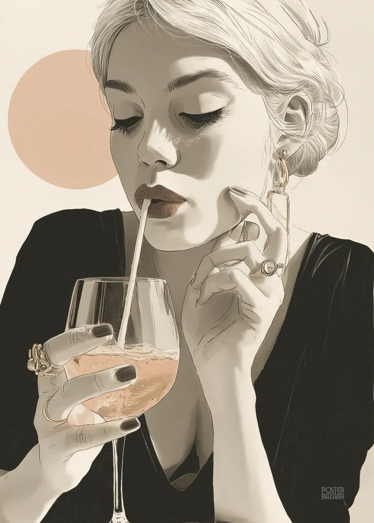 Sip of Elegance — portret kobiety pijącej różowy napój z gracją