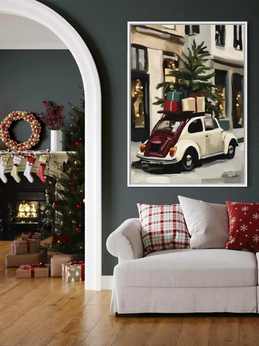Plakat Festive Beetle - malarska scena świątecznego garbusa z choinką i prezentami - obrazek 2