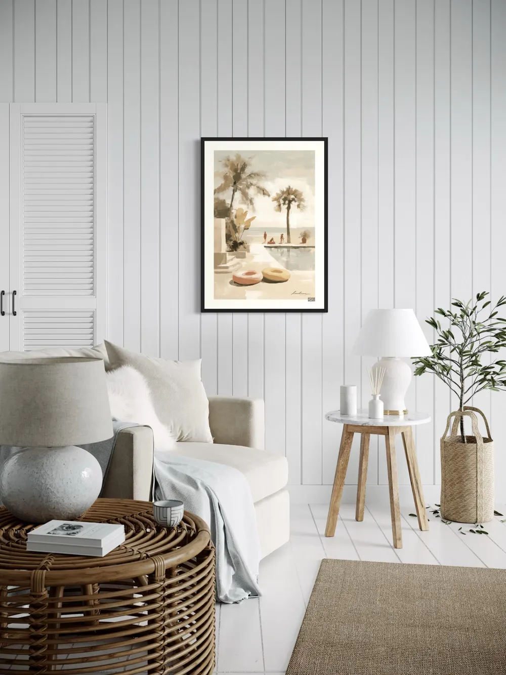 Plakat Palm Breeze - plaża z palmami i kołami do pływania - obrazek 2