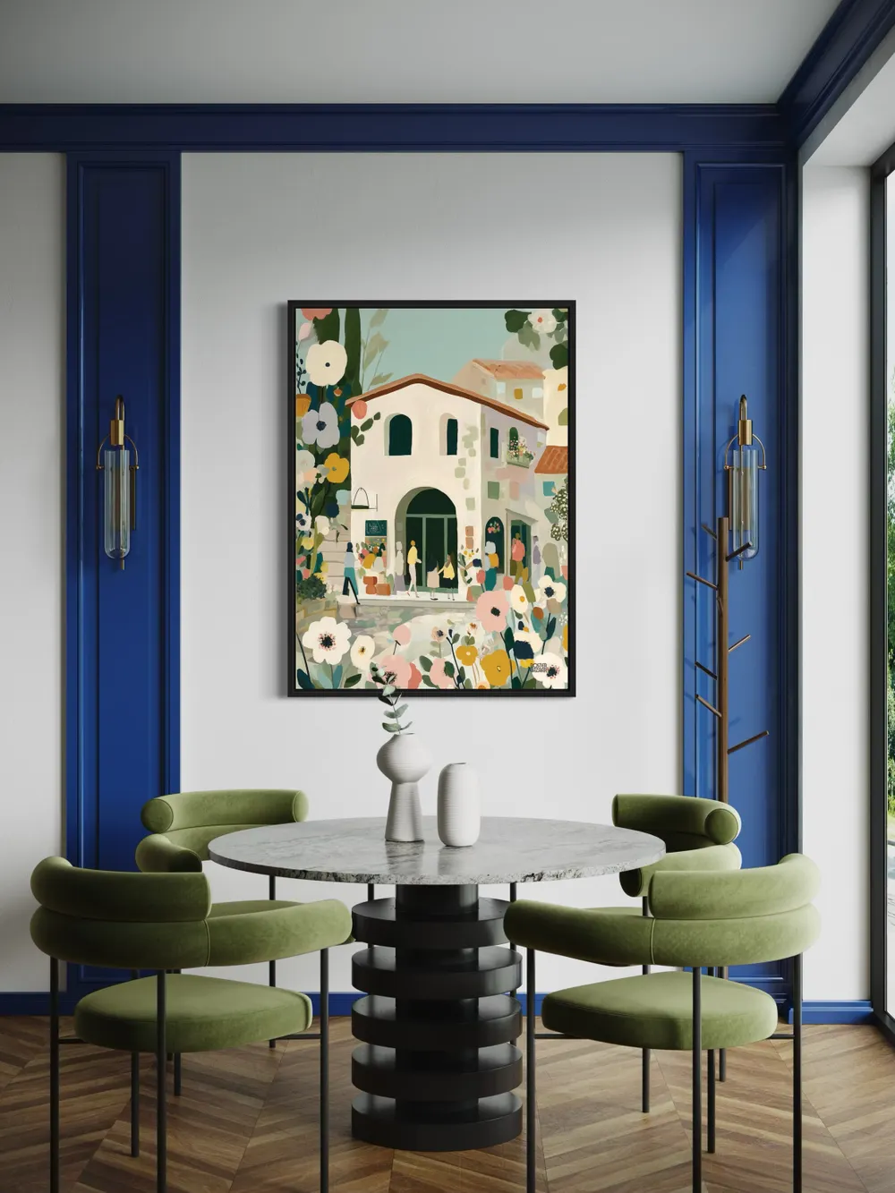 Plakat Village Blossom - biały domek z czerwonym dachem wśród kolorowych kwiatów, pastelowe kolory - obrazek 3