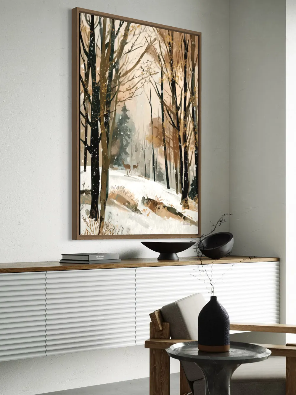 Plakat Winter Deer Walk - dwa jelenie w zimowym lesie, akwarela, spokojna atmosfera - obrazek 2