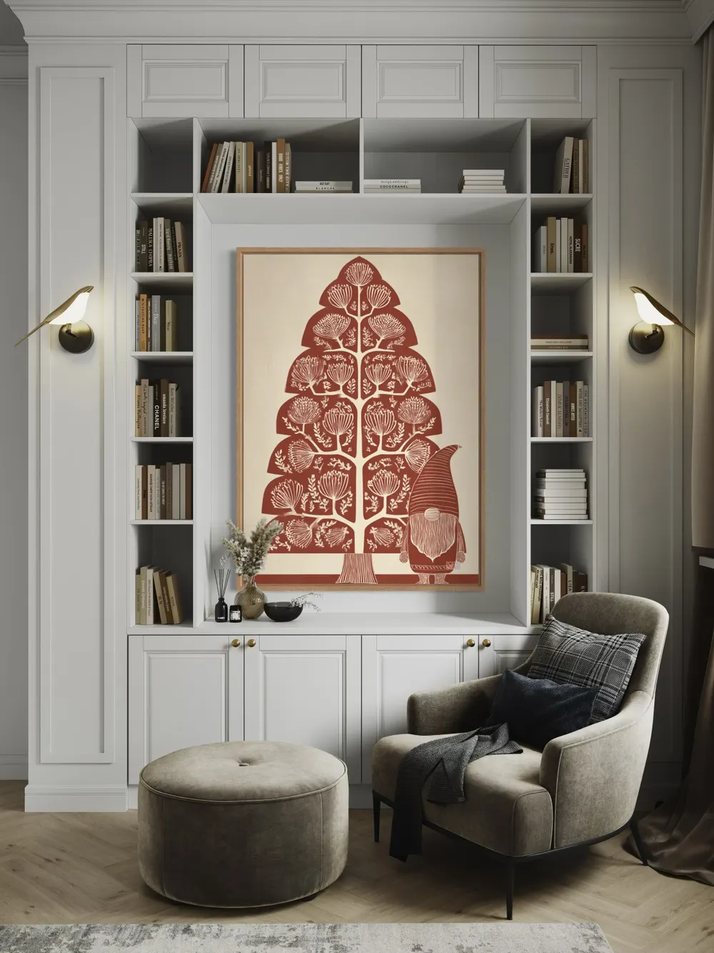 Plakat Gnome Botanica - krasnal w pasiastym kapeluszu przy geometrycznym drzewie - obrazek 2