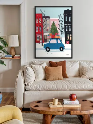 Plakat Winter Delivery - ilustracyjny zimowy klimat miasta z choinką i prezentami - obrazek 3