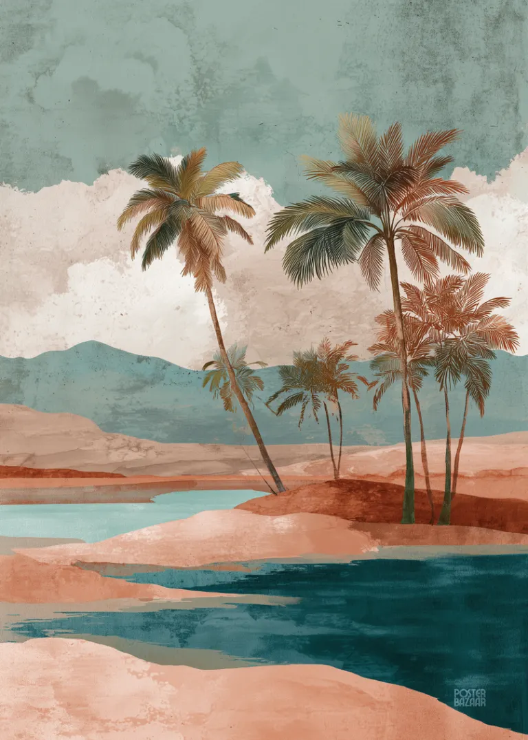 Palm Escape — plakat z palmami nad spokojna woda w pastelowych kolorach