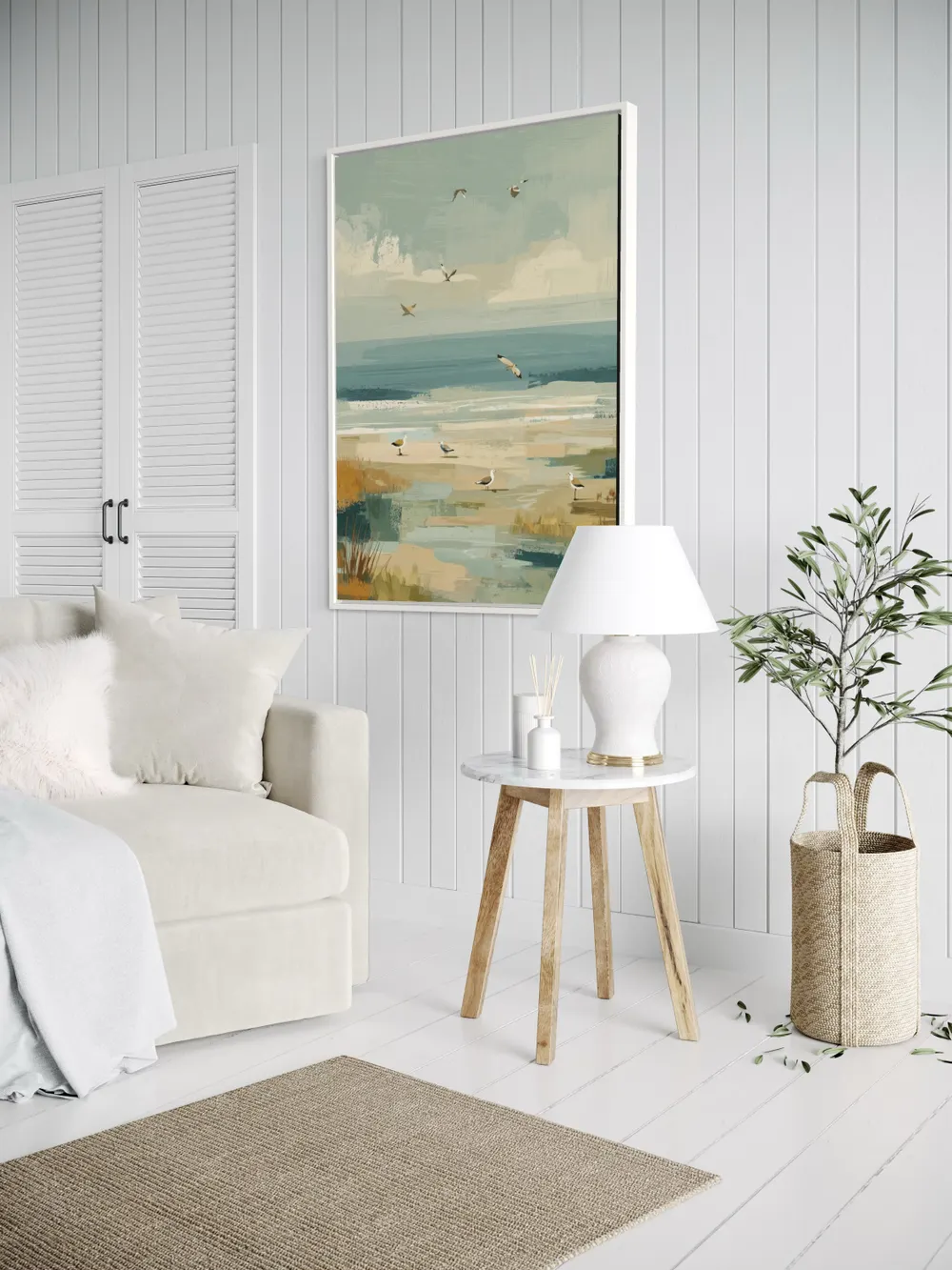 Plakat Coastal Birds - spokojna plaża z mewami w pastelowych kolorach - obrazek 3