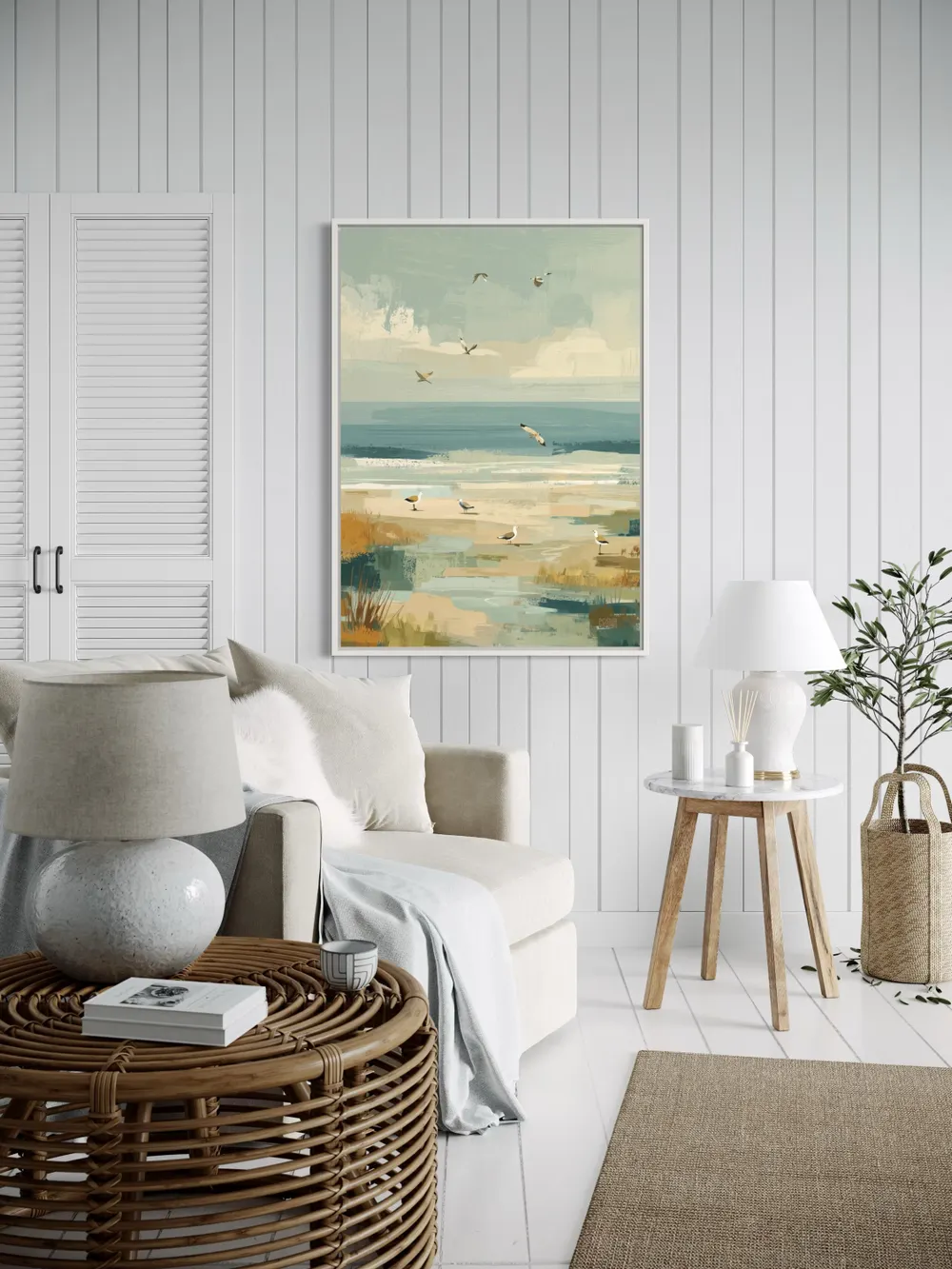 Plakat Coastal Birds - spokojna plaża z mewami w pastelowych kolorach - obrazek 2