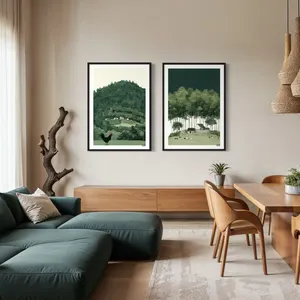 Plakat Forest Haven - kamienny dom wśród zielonych drzew, kozy, sielski klimat - obrazek 3