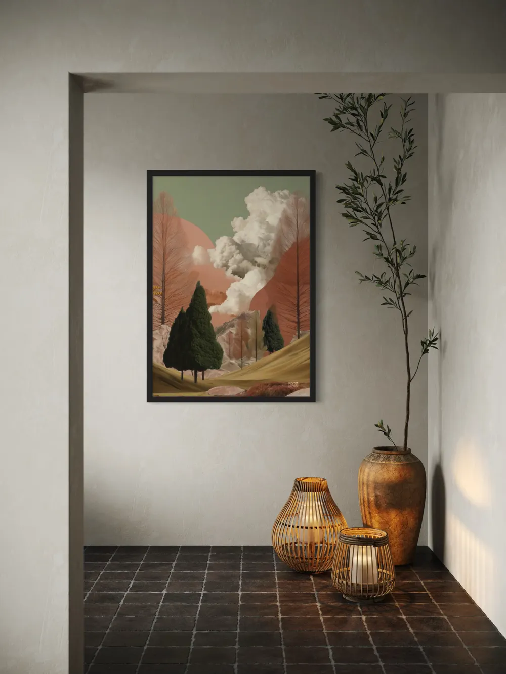 Plakat Verdant Mirage - surrealistyczny krajobraz zielonych wzgórz, czerwonych drzew i pastelowego nieba - obrazek 3