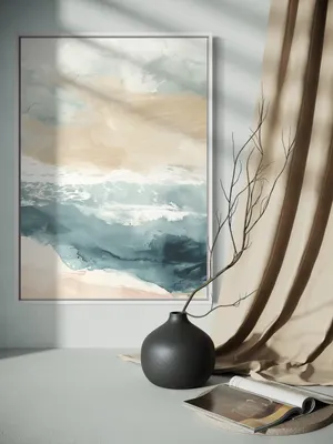 Plakat Ocean Mist - delikatna akwarelowa scena spokojnych fal oceanu - obrazek 3
