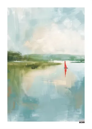 Plakat Sail Away - spokojny krajobraz z czerwoną żaglówką na jeziorze