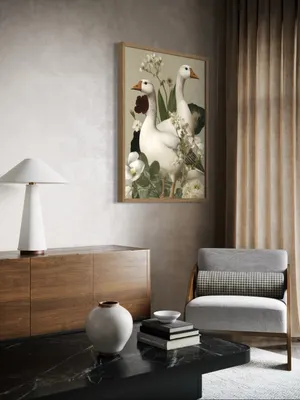 Plakat Goose Reverie - dwie białe gęsi wśród zielonych liści i kremowych kwiatów - obrazek 3