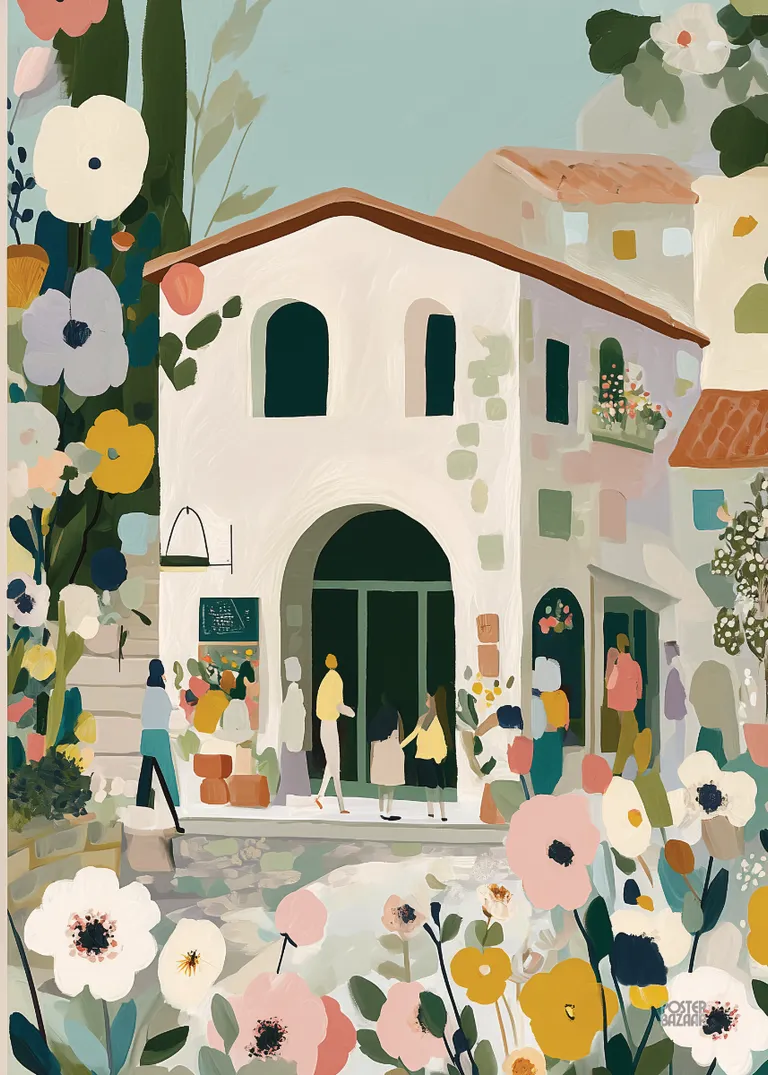 Village Blossom — biały domek z czerwonym dachem wśród kolorowych kwiatów, pastelowe kolory