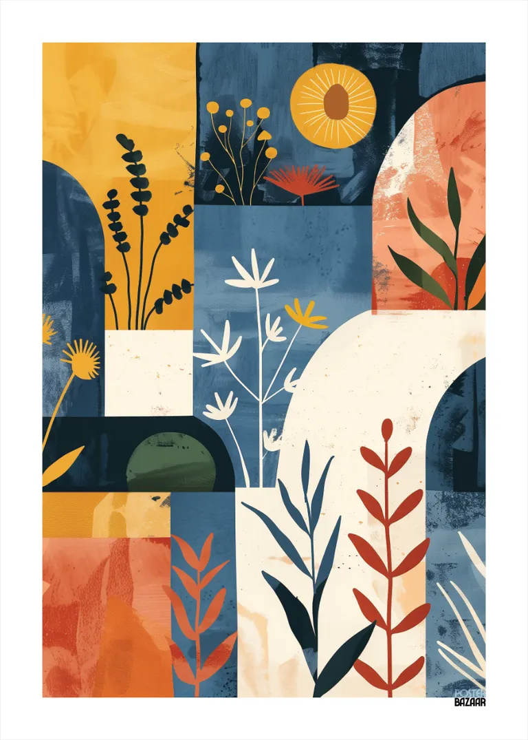 Botanical Geometry — kolorowy plakat z abstrakcyjnymi roślinami i geometrycznymi kształtami