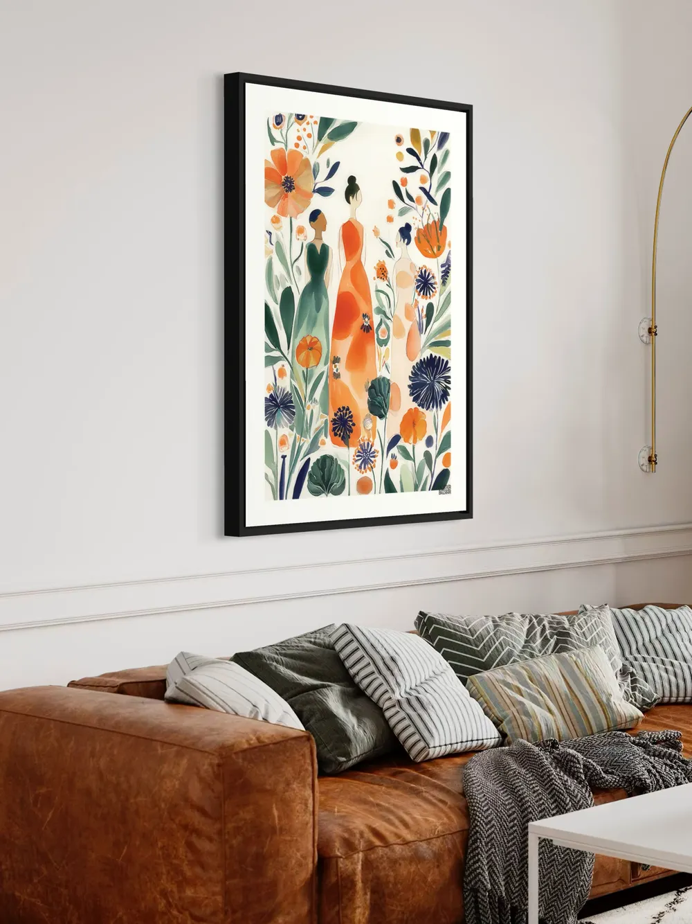 Plakat Floral Ladies - trzy kobiety w sukniach pośród kwiatów, akwarela, pomarańcz zieleń granat - obrazek 3