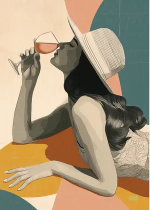 Plakat Rosé Pause - kobieta w kapeluszu z kieliszkiem różowego wina na pastelowym tle