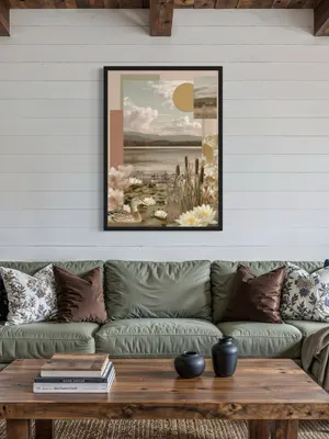Plakat Pastel Wetlands - spokojne jezioro z trzcinami i kaczką - obrazek 3