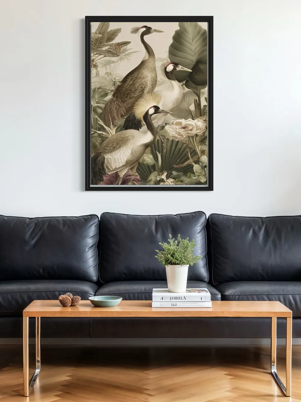 Plakat Crowned Companions - plakat z trzema żurawiami koronistymi w tropikalnych liściach - obrazek 3