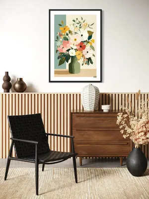 Plakat Blooming Joy - kolorowe kwiaty w zielonym wazonie - obrazek 3