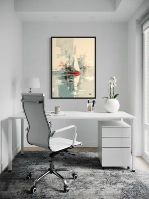 Plakat Crimson Reflection - jacht z czerwonym kadłubem na spokojnej wodzie - obrazek 2