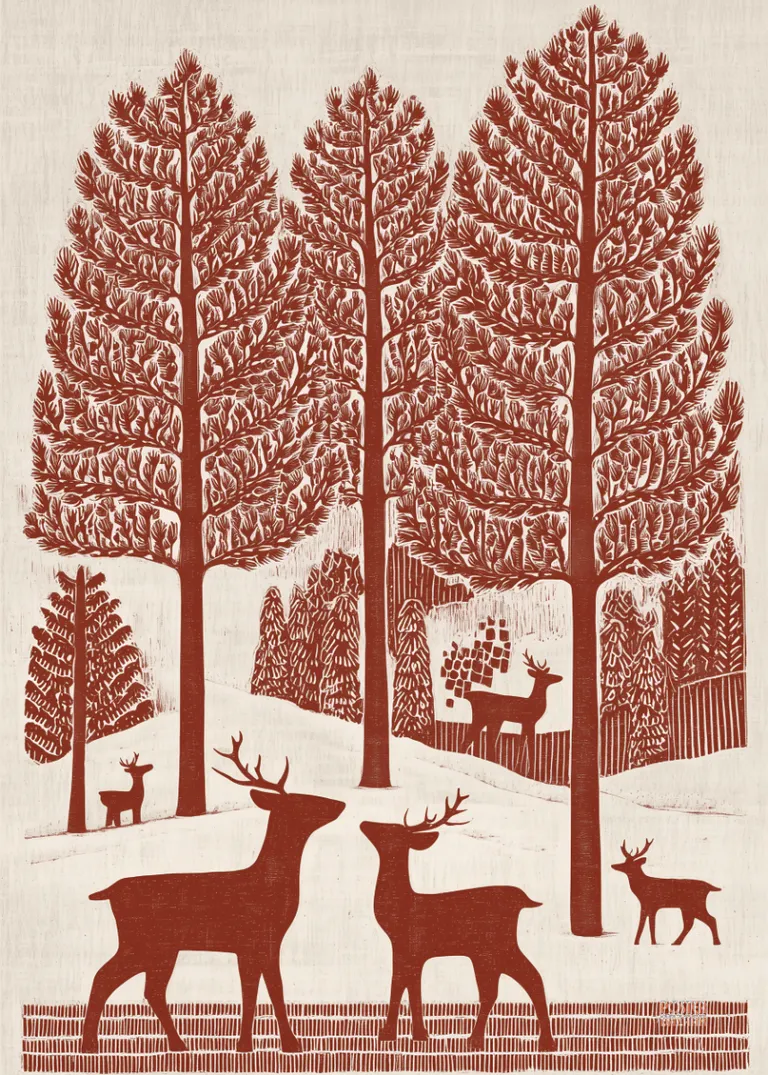 Pinewood Companions — jelenie w stylizowanych sosnach w ciepłych odcieniach