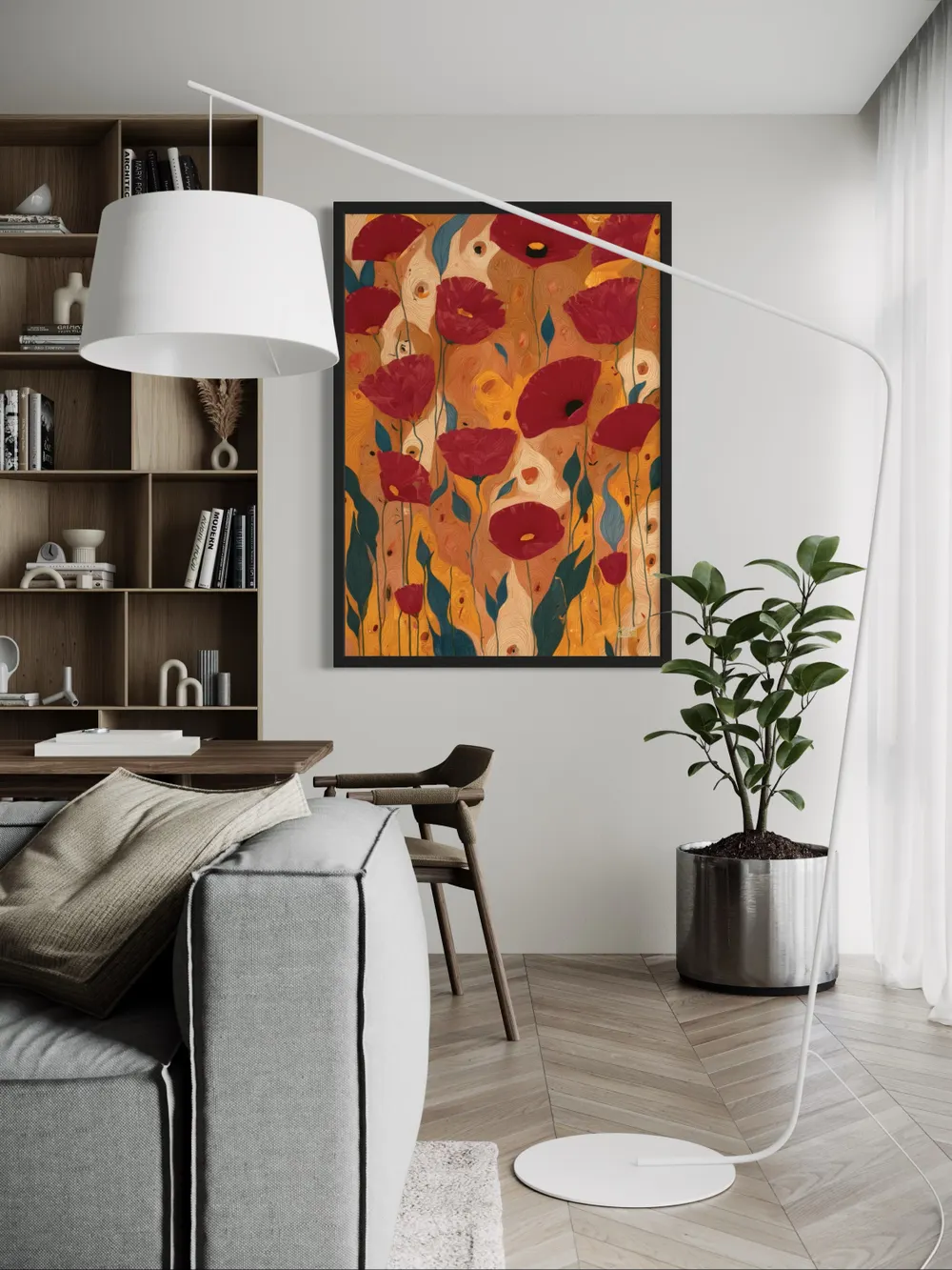 Plakat Crimson Whirl - czerwone maki na tle wirujących, ekspresyjnych wzorów - obrazek 3